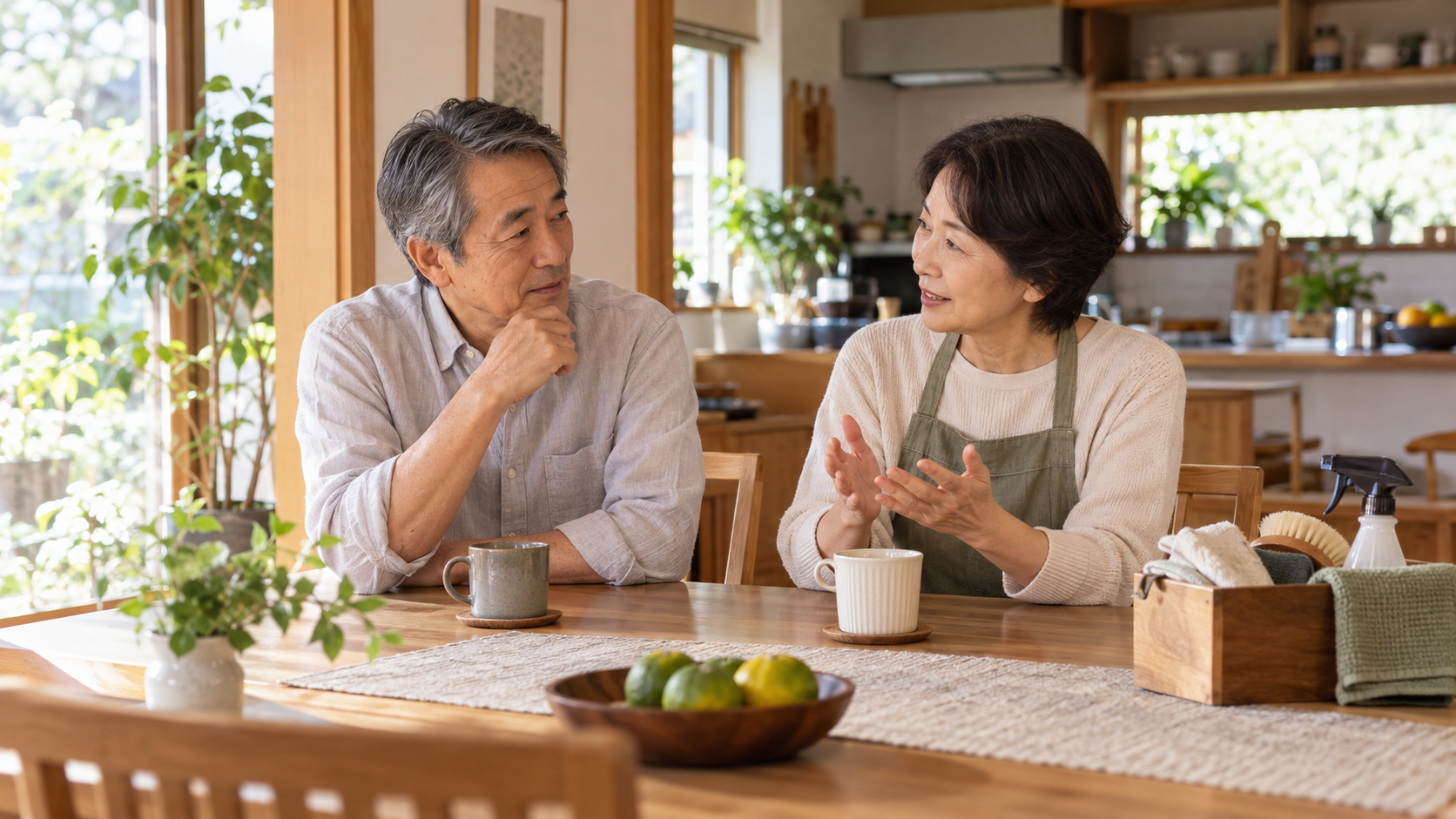 家事の分担や外注について自宅で話し合う60代夫婦のイメージ