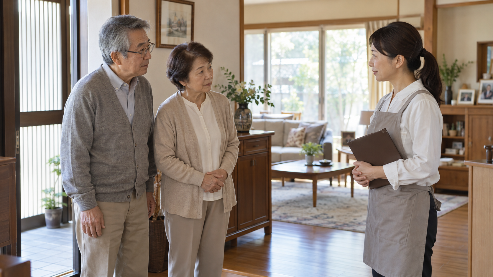 家事代行スタッフを自宅に迎えて相談する60代夫婦のイメージ