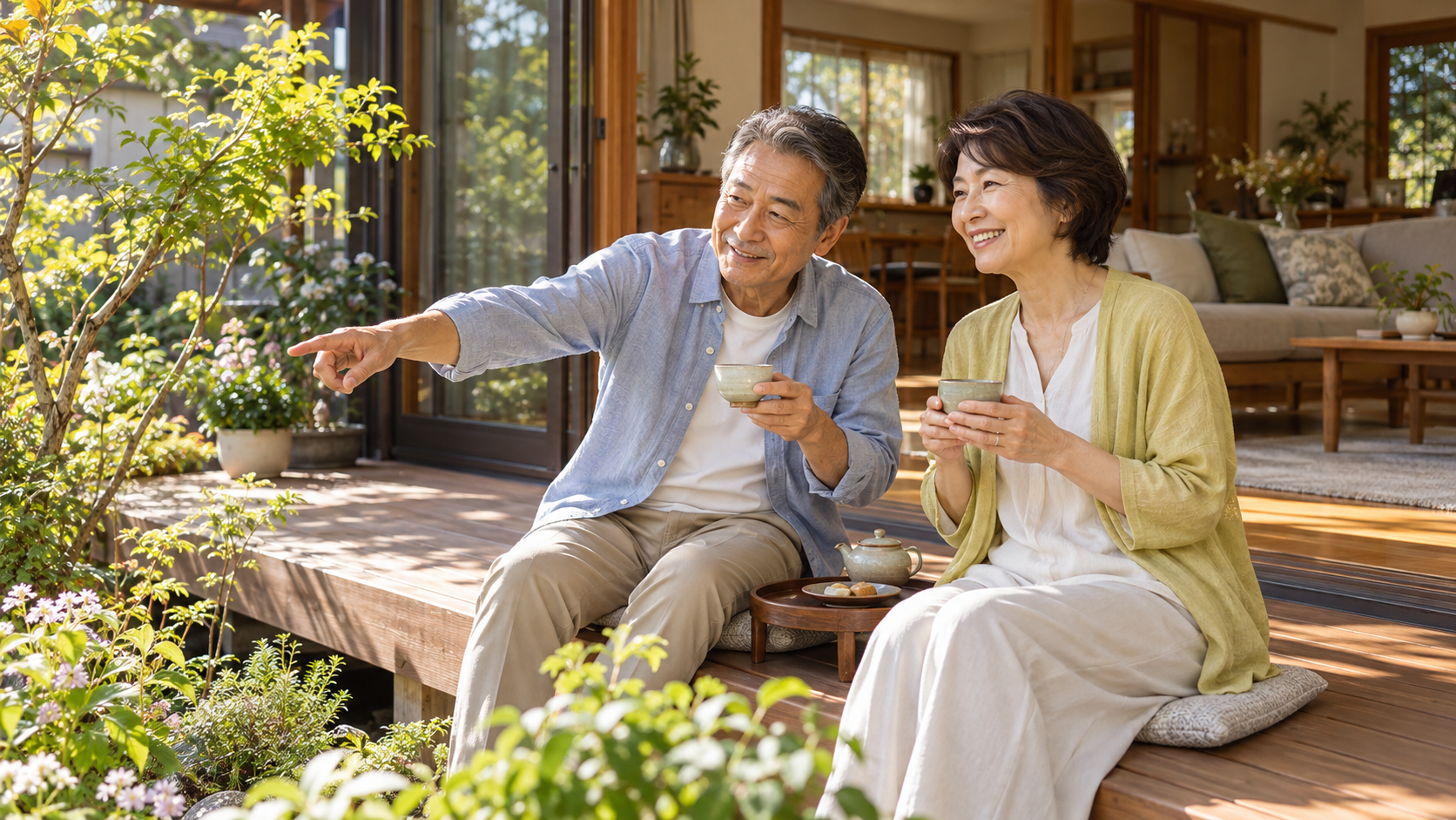 家事の負担を減らし庭を眺めながらお茶を楽しむ夫婦のイメージ