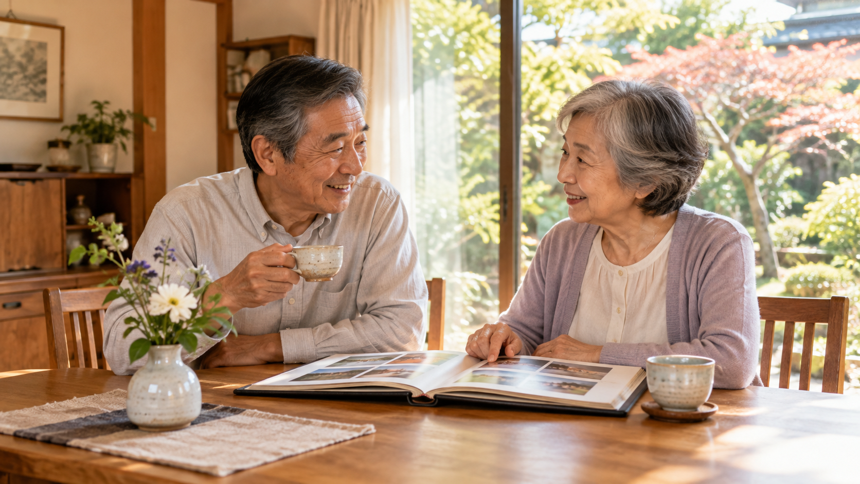 家事の負担を減らし、お茶と写真を楽しむ夫婦のイメージ