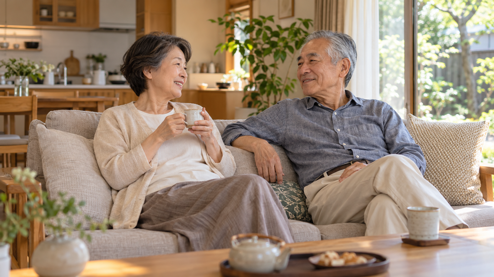 整った自宅で穏やかな時間を過ごす60代・70代夫婦のイメージ