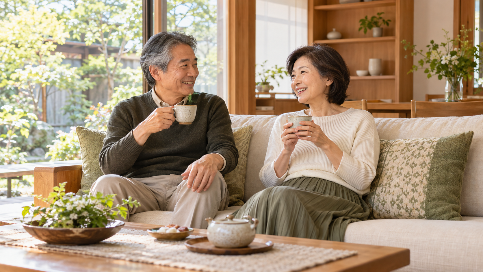 整ったリビングでゆっくり会話を楽しむ60代夫婦のイメージ