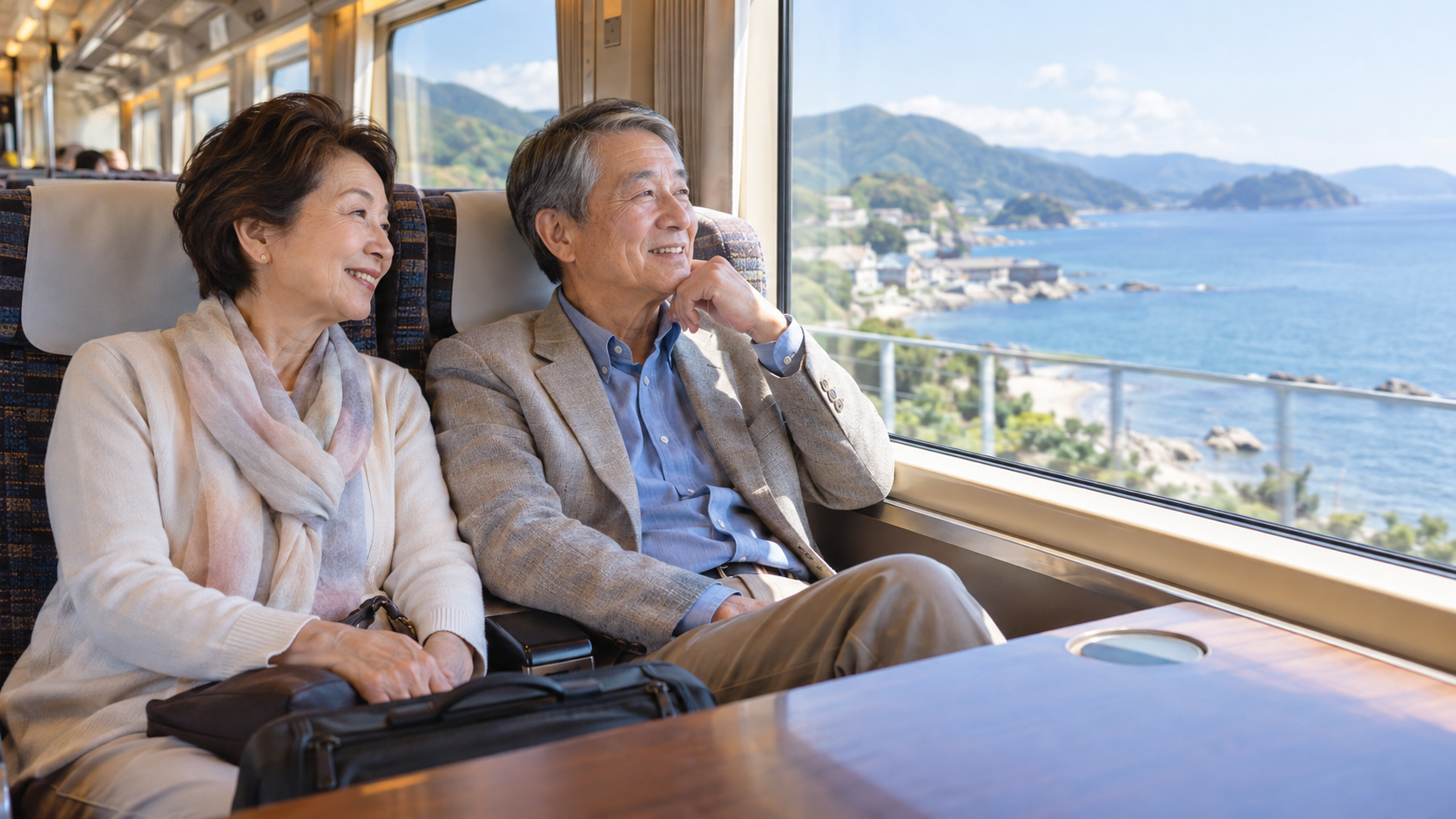 列車の窓から海の景色を楽しむ夫婦のイメージ