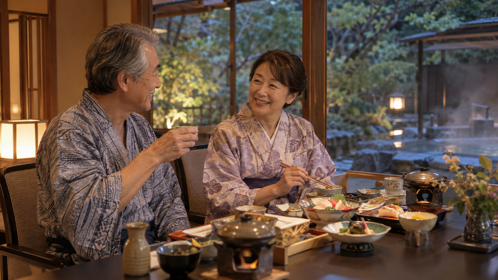 温泉旅館で夕食をゆっくり楽しむ夫婦のイメージ