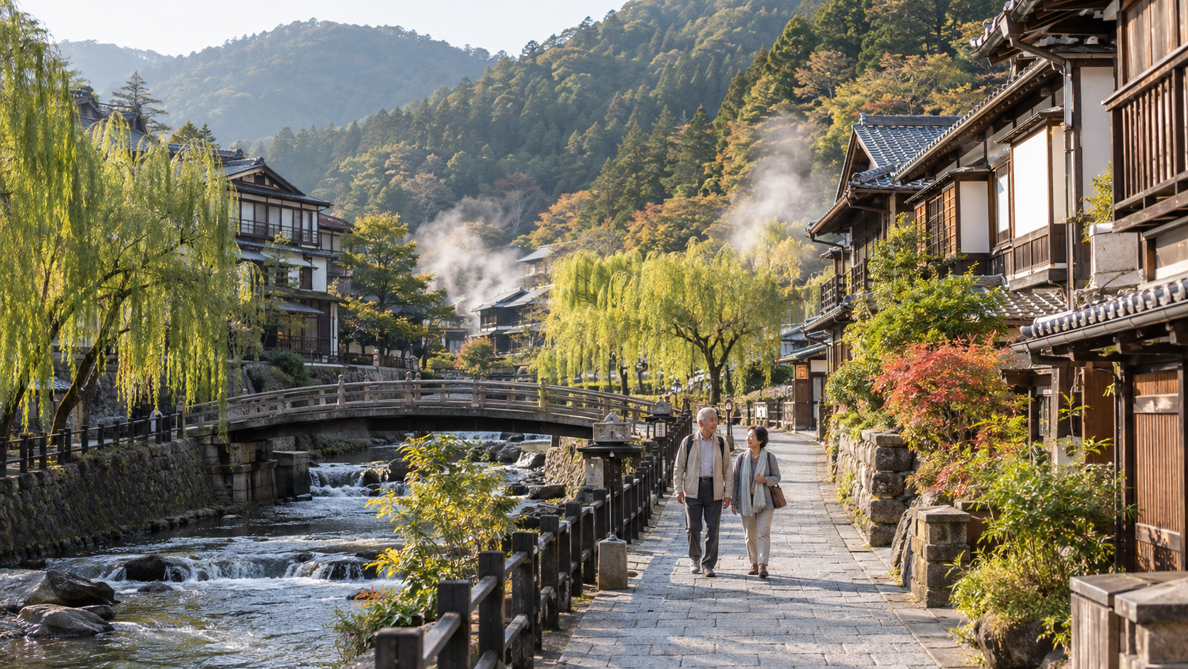 川沿いの温泉街をゆっくり散策する夫婦のイメージ