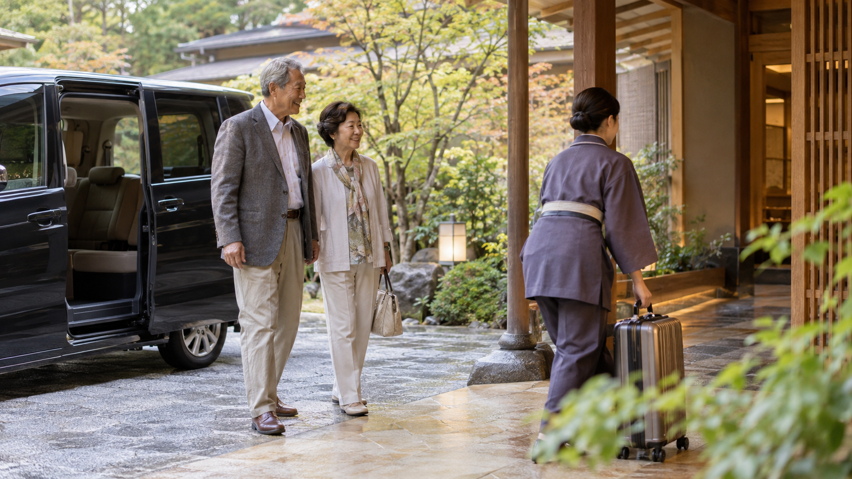 旅館の送迎を利用して到着する夫婦のイメージ
