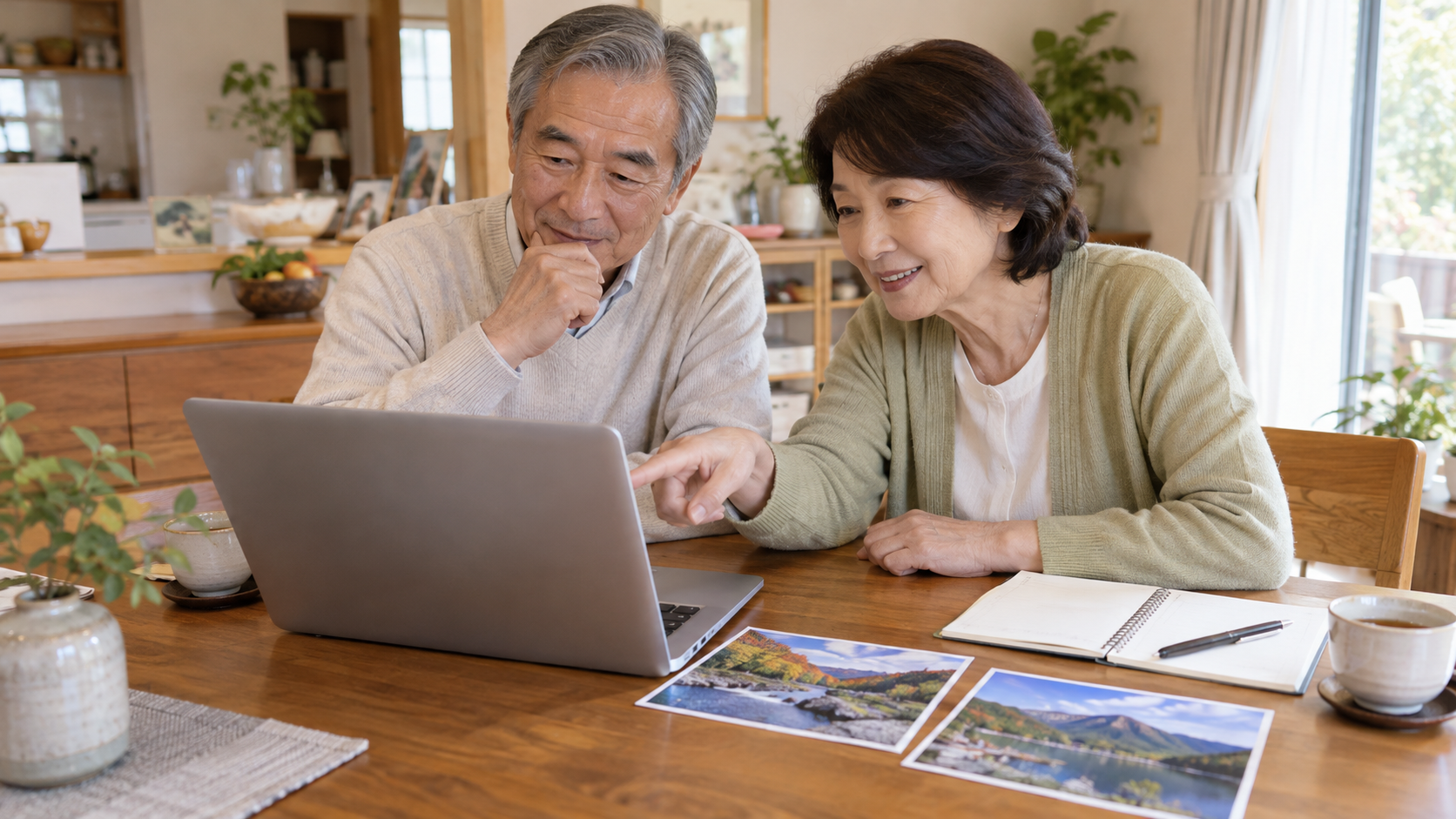 自宅で温泉旅行の計画を相談する夫婦のイメージ