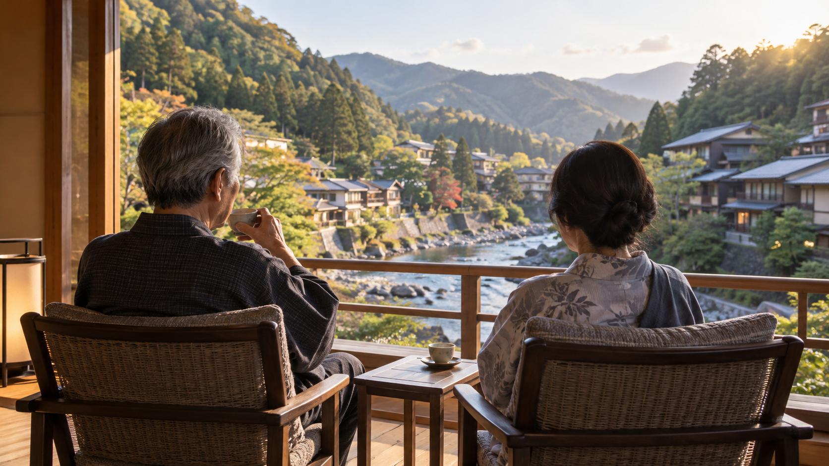 旅館で景色を眺めながらくつろぐ夫婦のイメージ