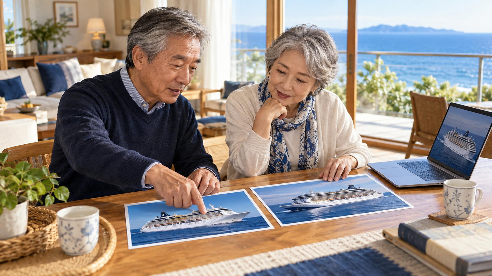 自宅でクルーズの写真を見比べる夫婦のイメージ