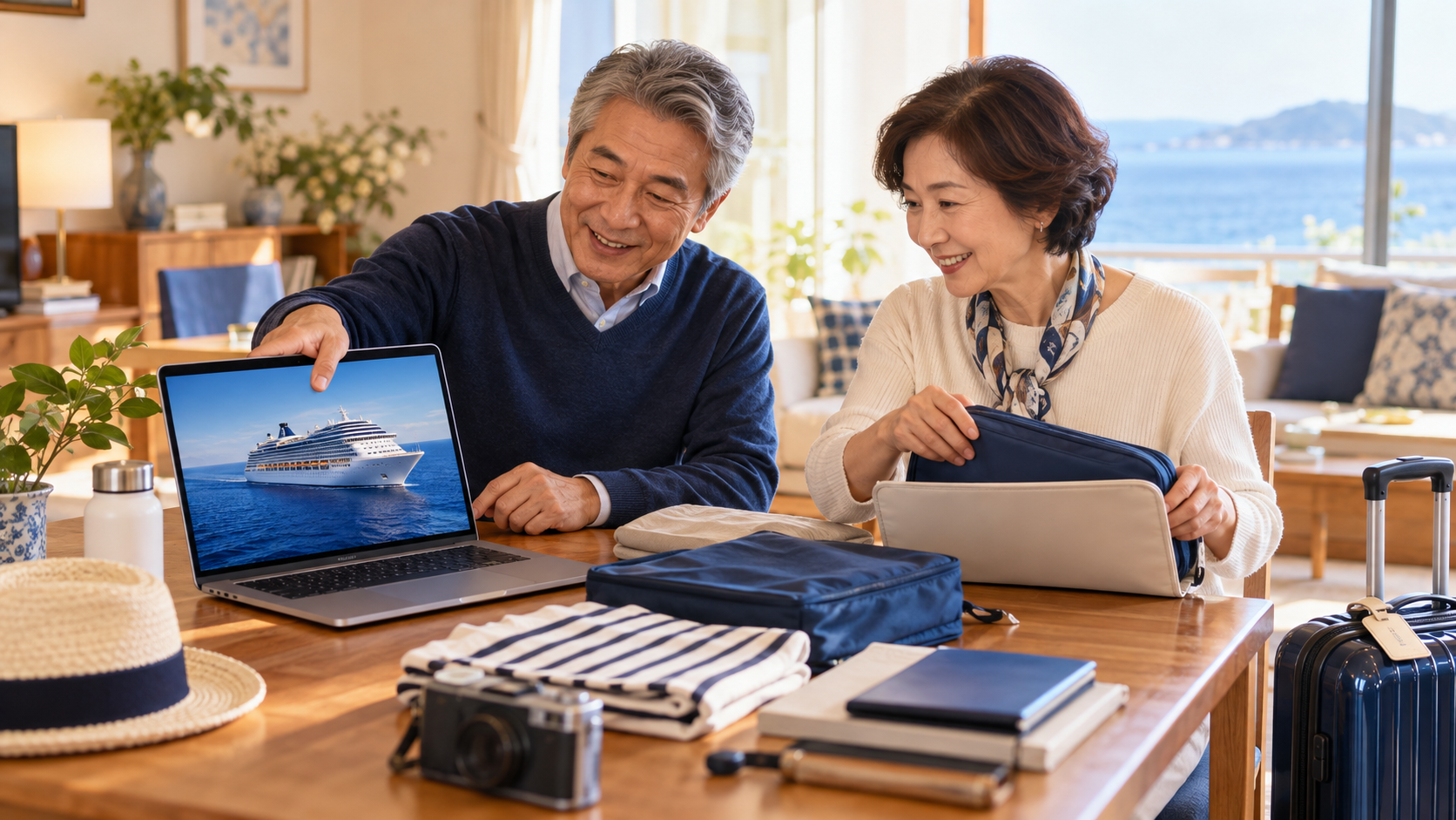 自宅でクルーズ旅行の準備をする夫婦のイメージ