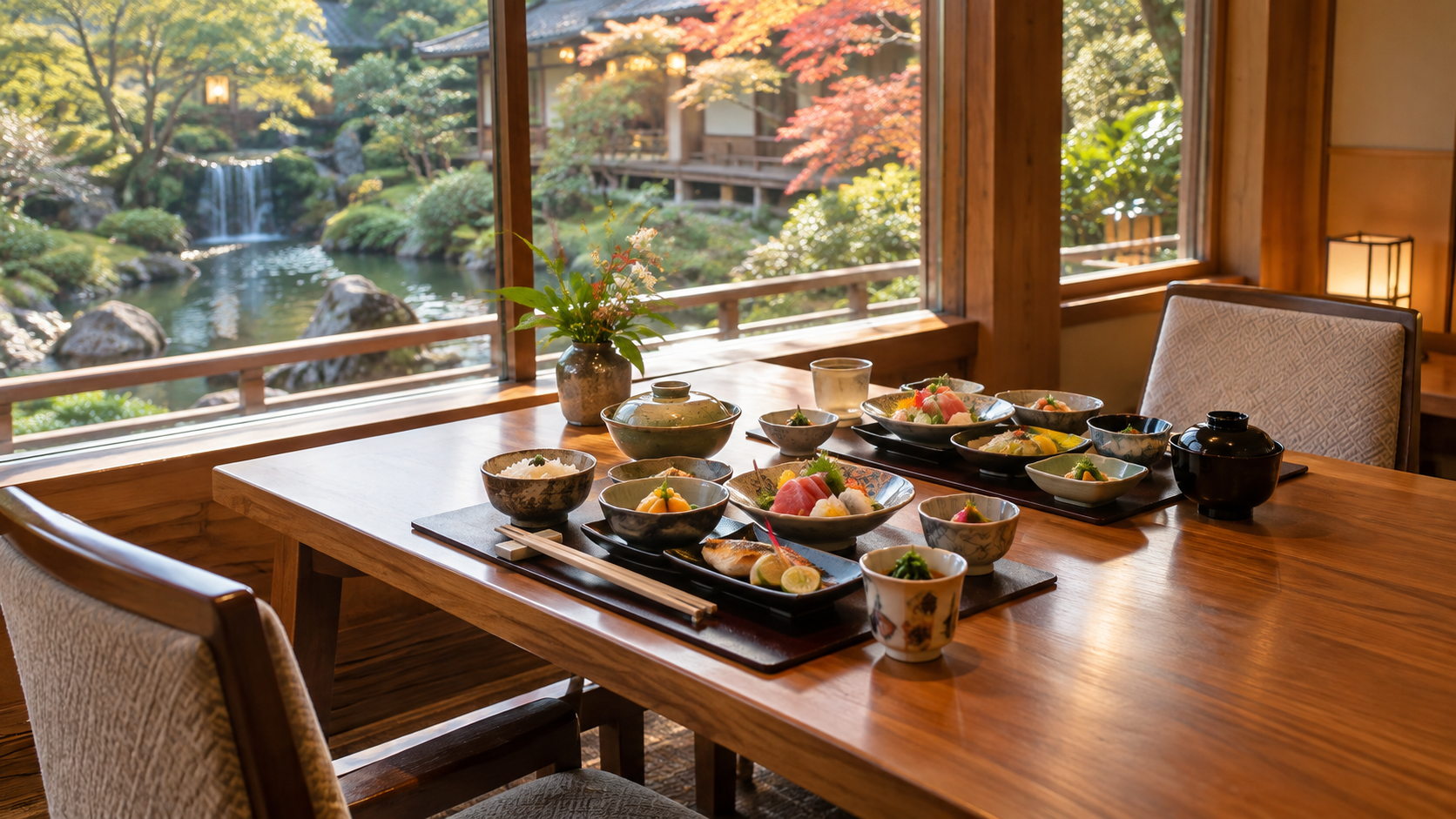 庭園を眺めながら夫婦で楽しむ旅館の食事