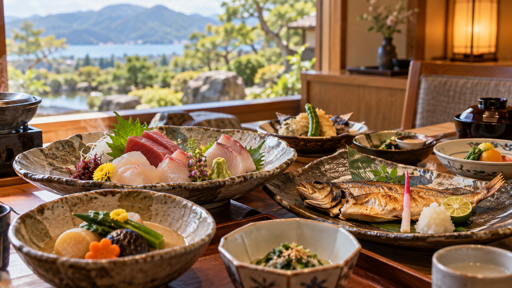 刺身と焼き魚を味わう温泉旅館の和食