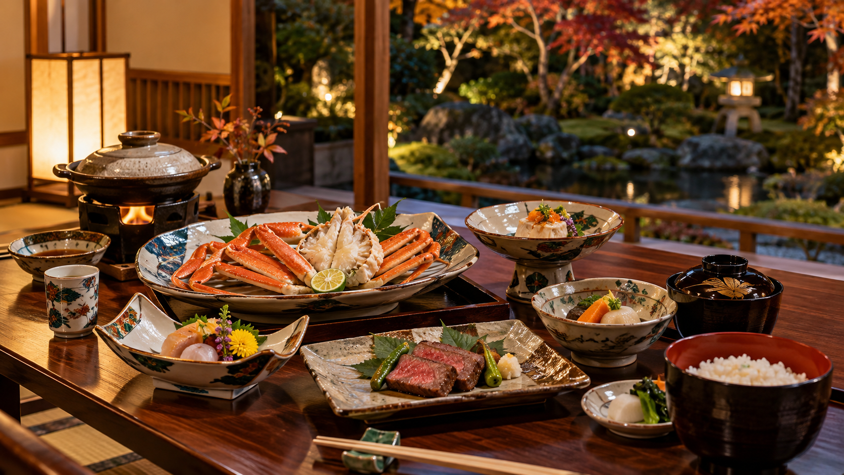 蟹と牛肉を楽しむ季節の会席料理