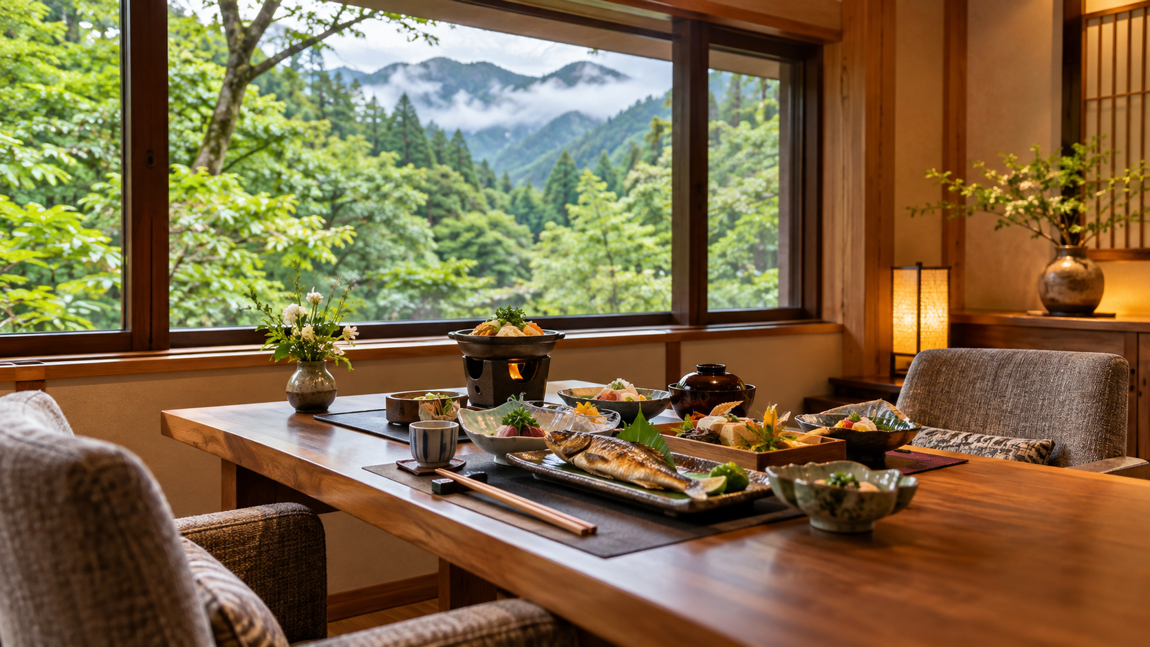 緑に囲まれた旅館の落ち着いた食事処