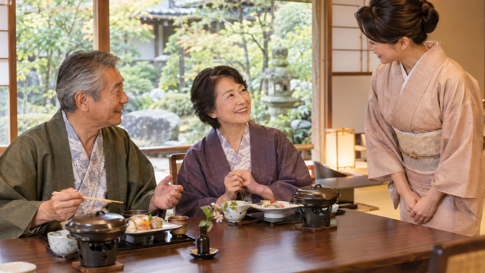 旅館で料理の希望を相談する夫婦