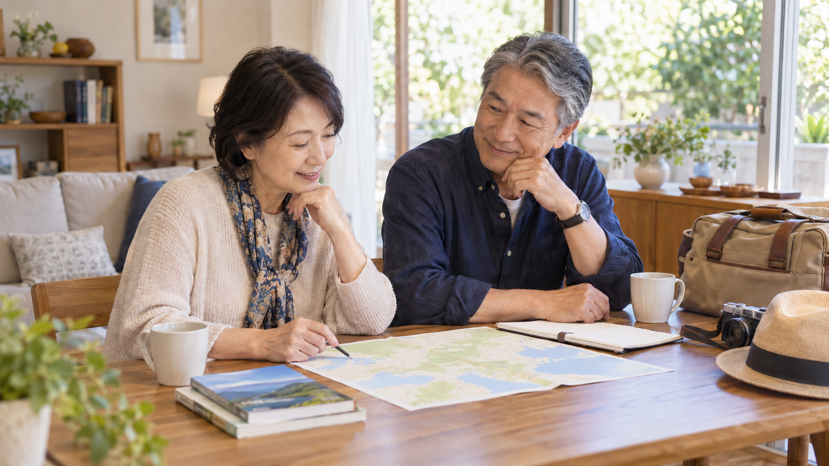 自宅で無理のない旅行を相談する夫婦のイメージ