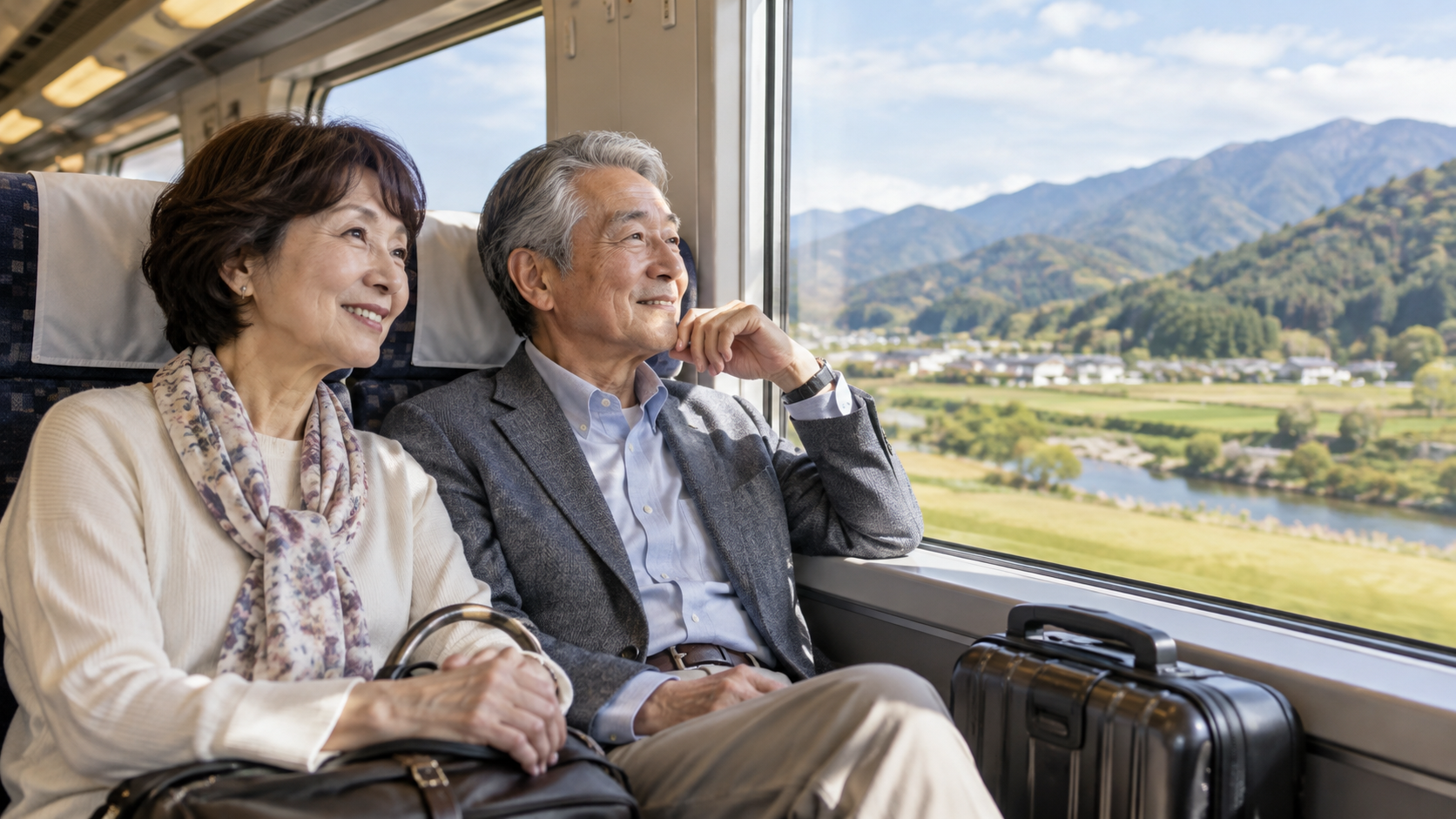 車窓の景色を楽しむ60代の夫婦