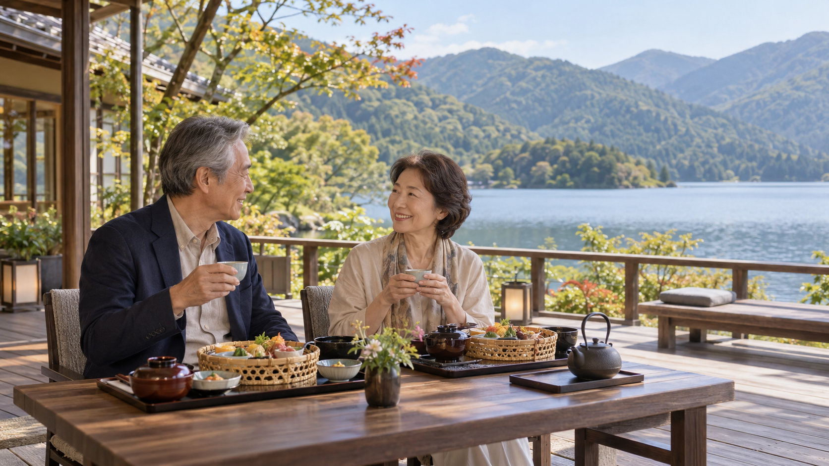湖畔の宿で食事と会話を楽しむ夫婦のイメージ