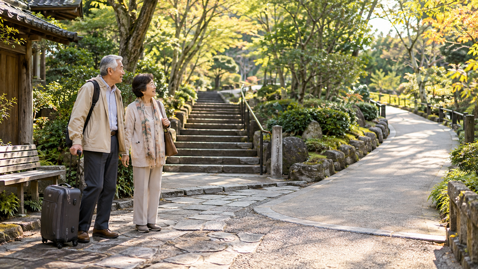 観光地の階段と歩きやすい道を確認する夫婦のイメージ