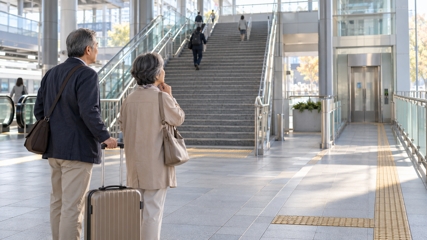 駅で階段とエレベーターへの経路を確認する夫婦のイメージ