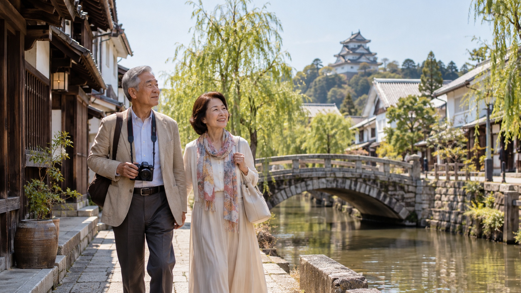 城下町をゆっくり散策する夫婦