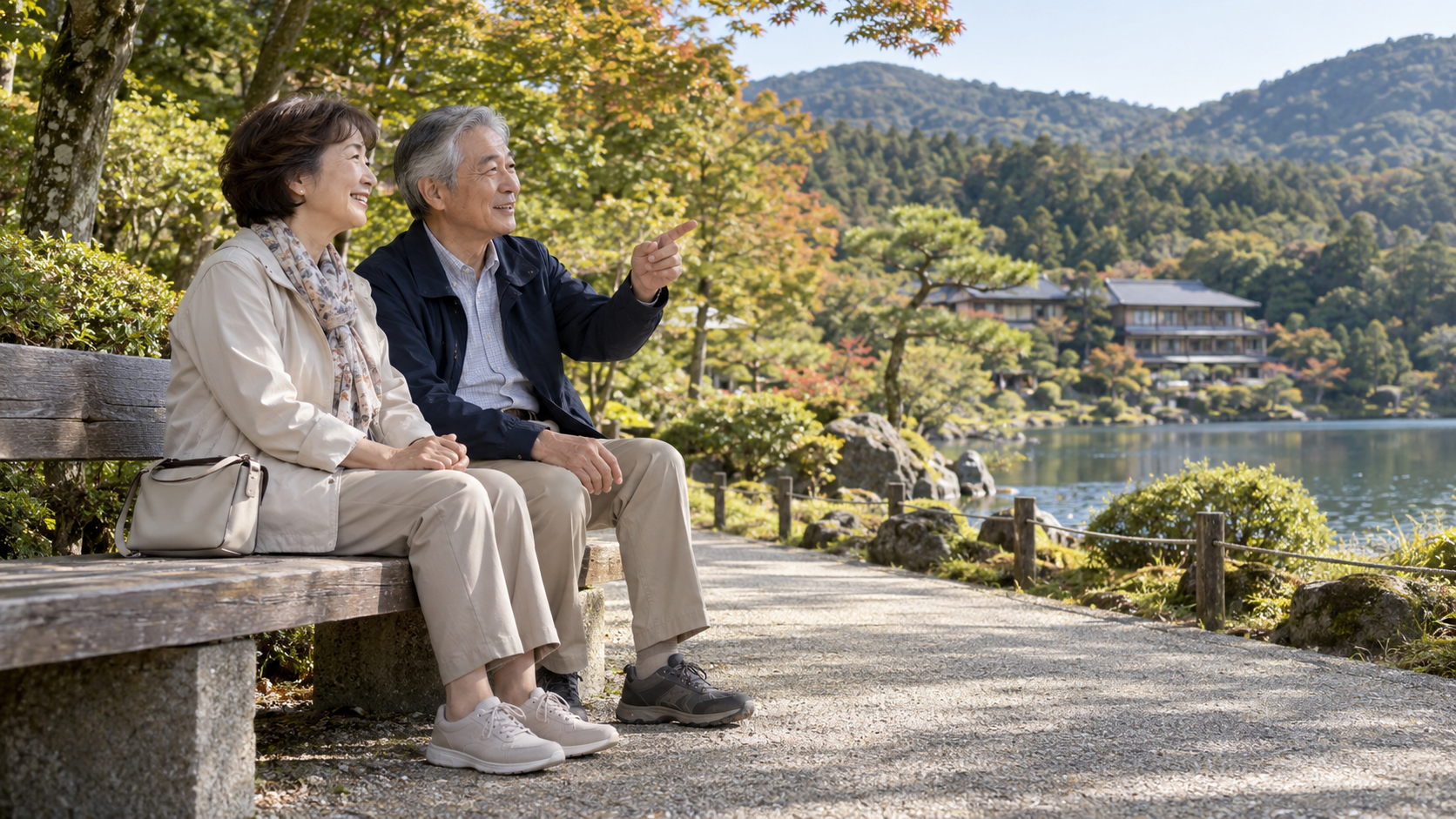 旅先のベンチで休みながら景色を楽しむ夫婦のイメージ