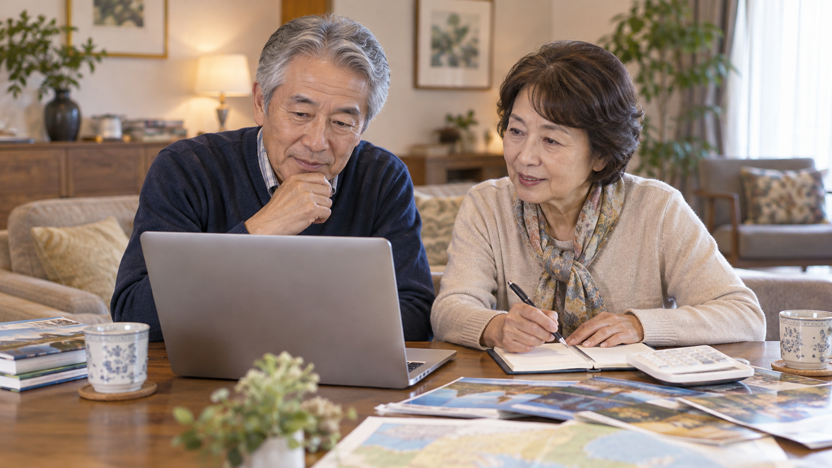 自宅で旅行の予算と内容を比較する夫婦のイメージ