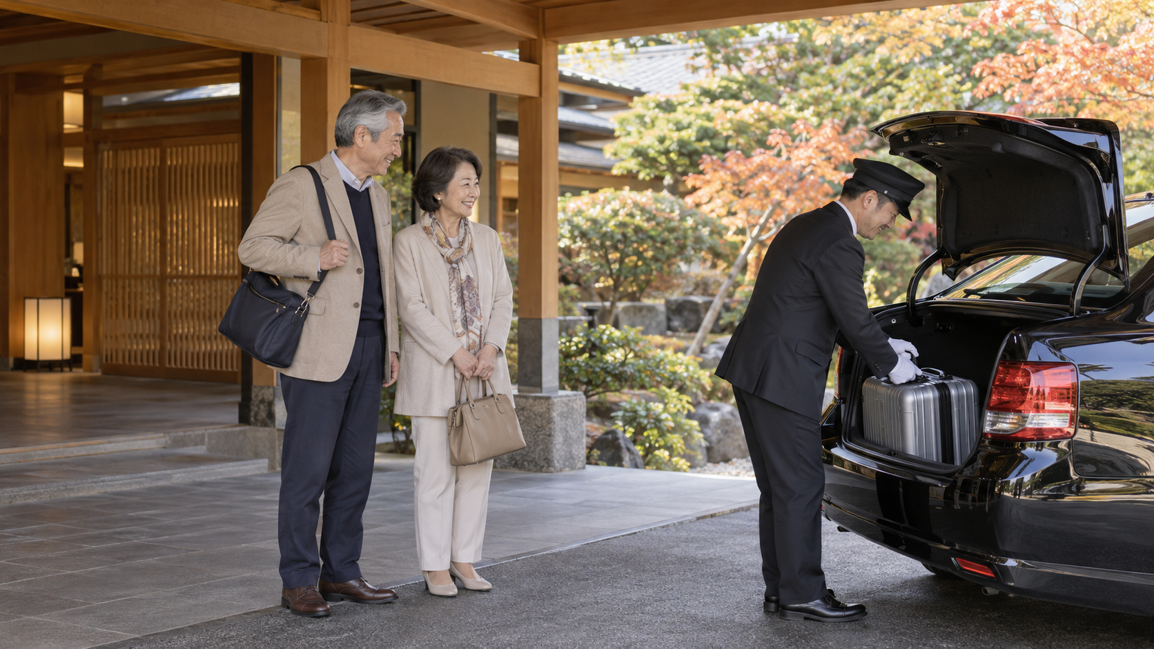 宿の玄関で運転手に荷物の扱いを任せる夫婦のイメージ