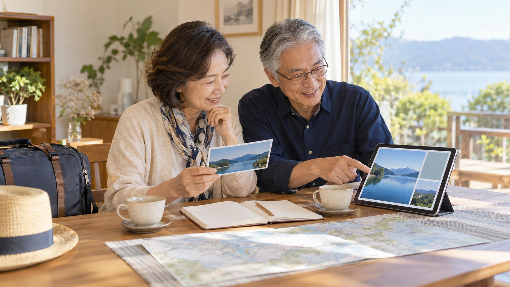 自宅で次の旅行を計画する夫婦のイメージ