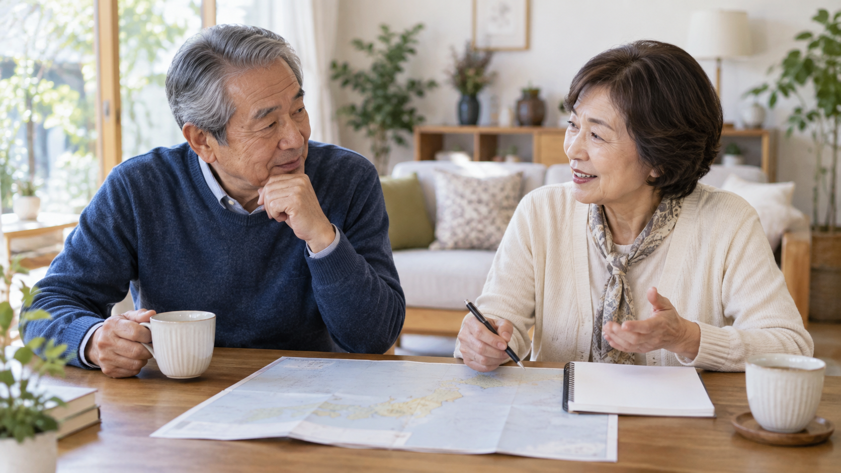 自宅で旅行の予定を相談する夫婦