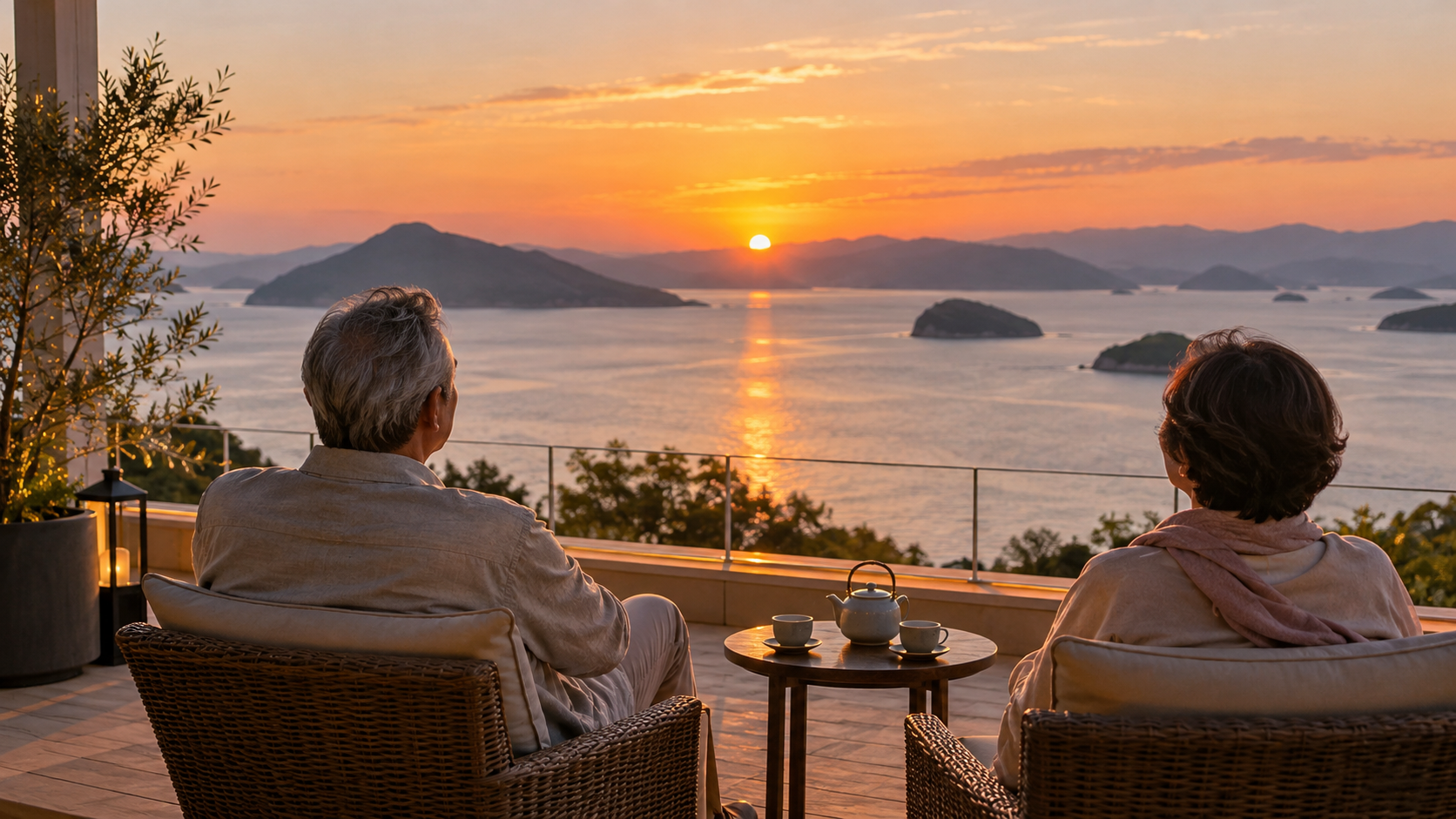 海辺の夕景を楽しむ夫婦のイメージ