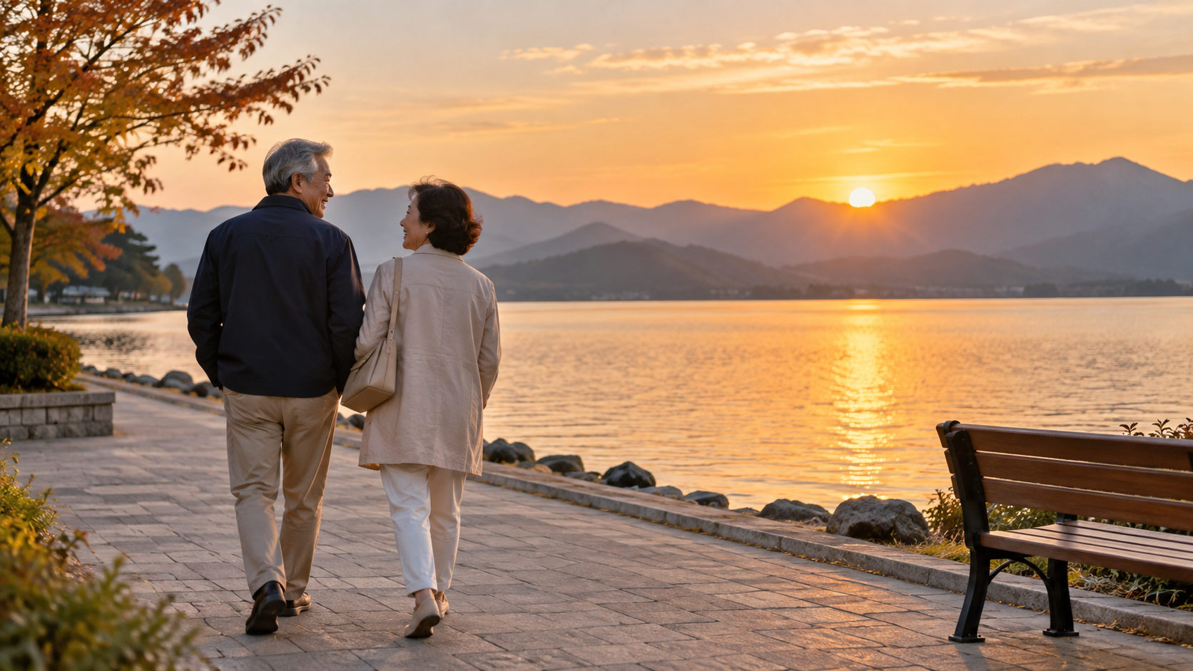 夕暮れの湖畔をゆっくり歩く夫婦のイメージ