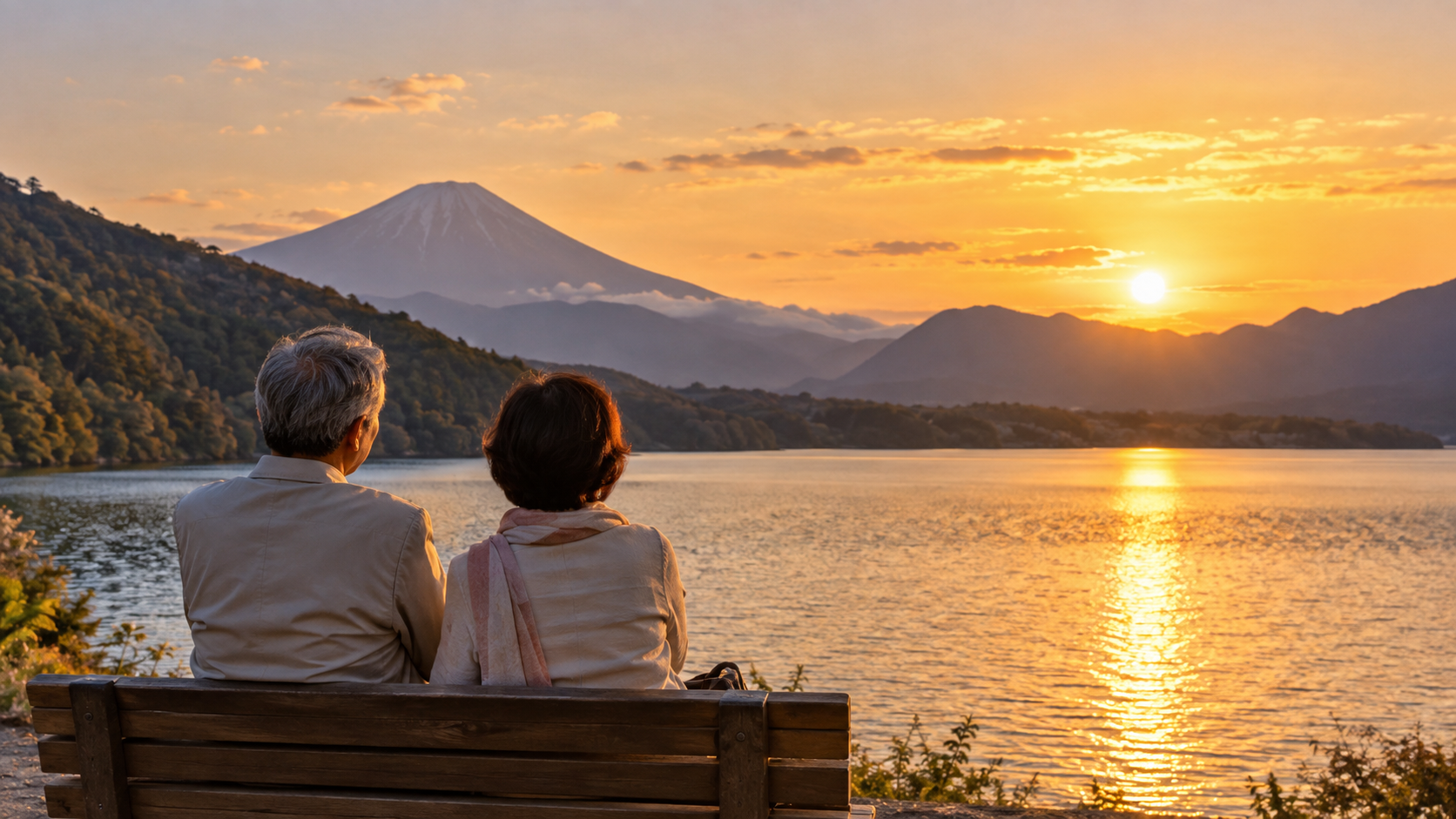 湖畔で夕景を眺める夫婦