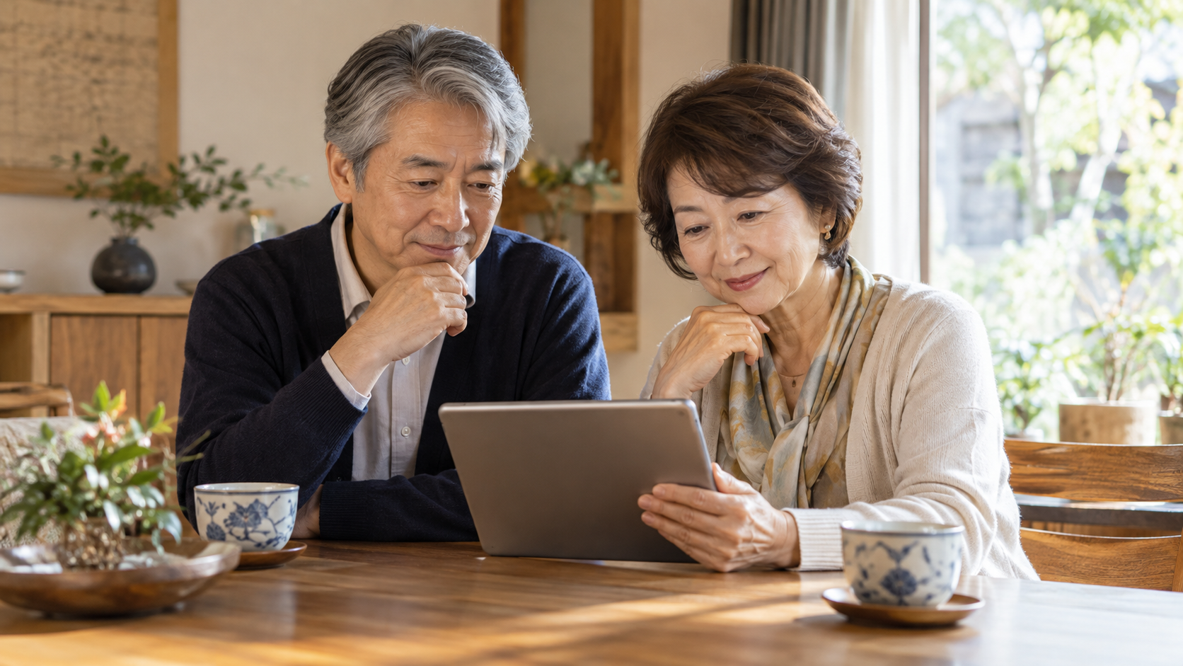 タブレットで旅館を検討する60代夫婦