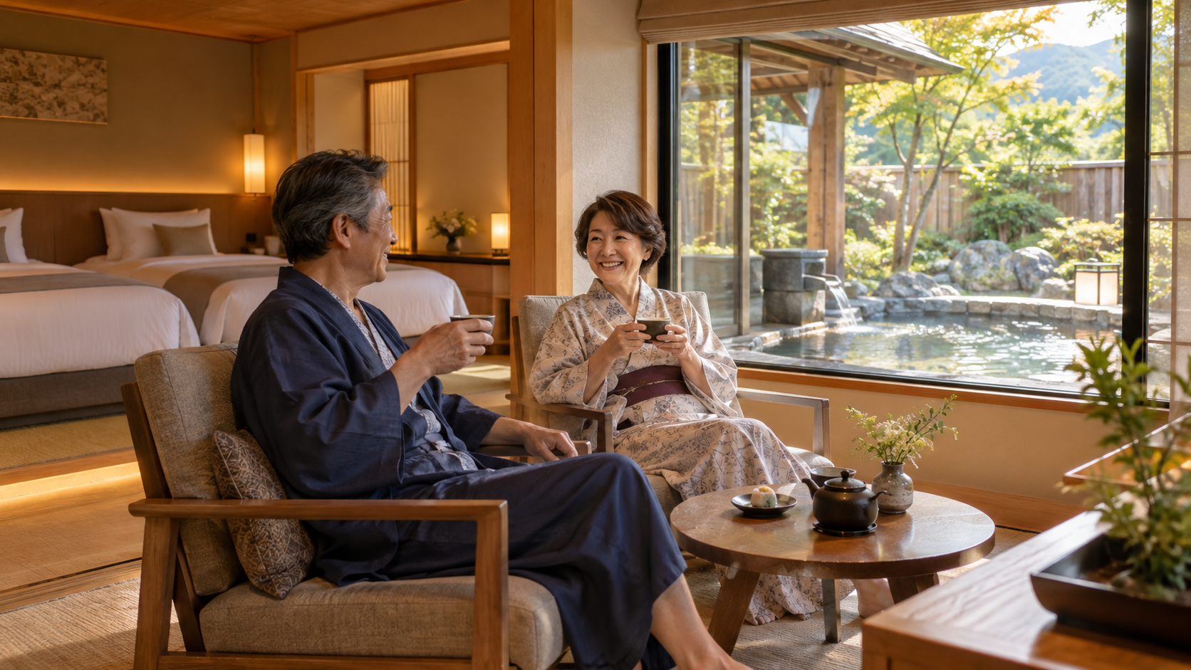 温泉旅館の客室でゆったりくつろぐ夫婦