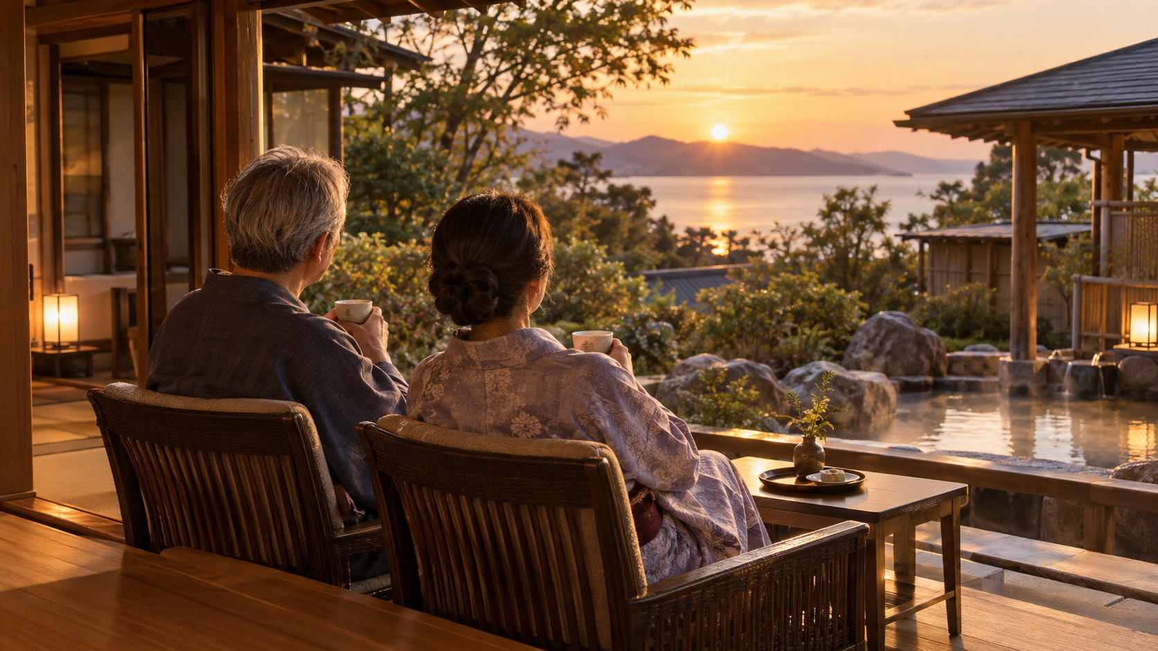 旅館の庭と夕景を眺めながらお茶を楽しむ夫婦