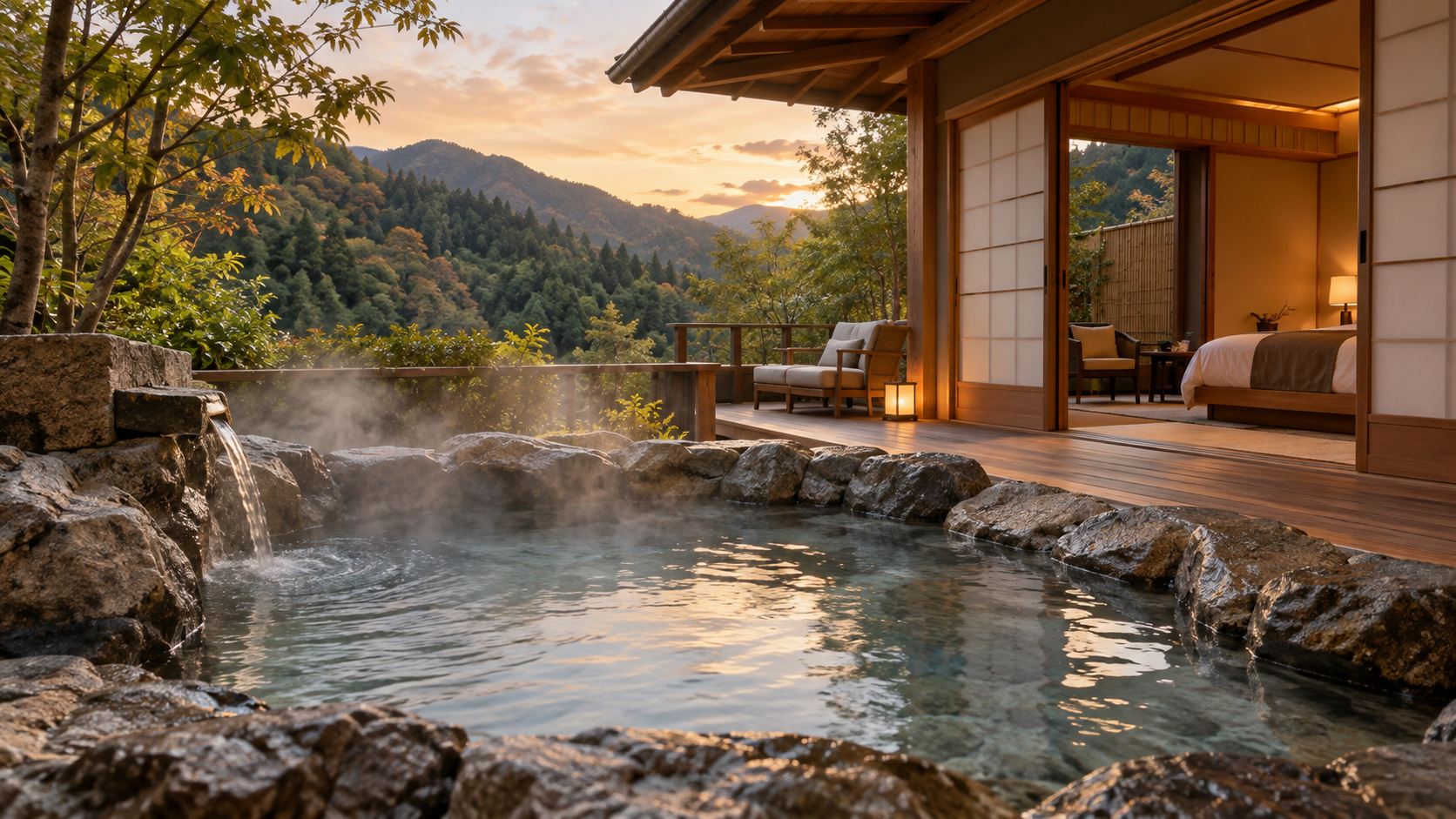 客室で温泉を楽しむ、夫婦の贅沢時間におすすめの旅館3選のイメージ
