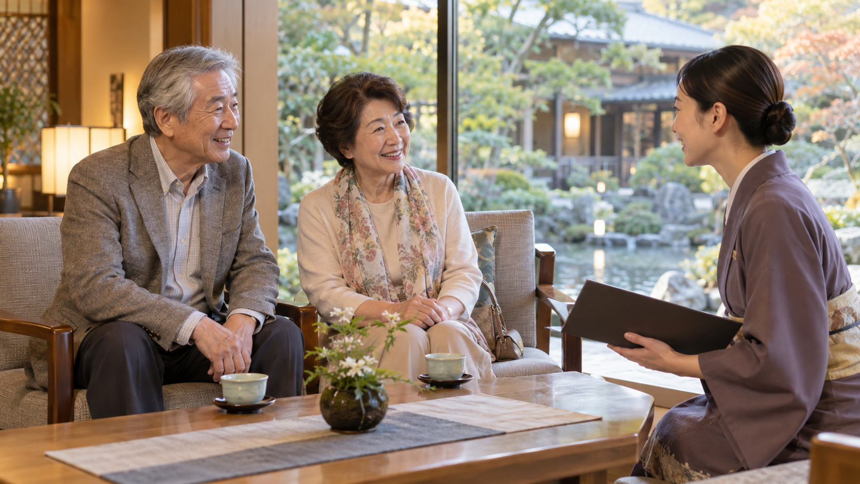 夫婦が旅館のスタッフへ相談するイメージ