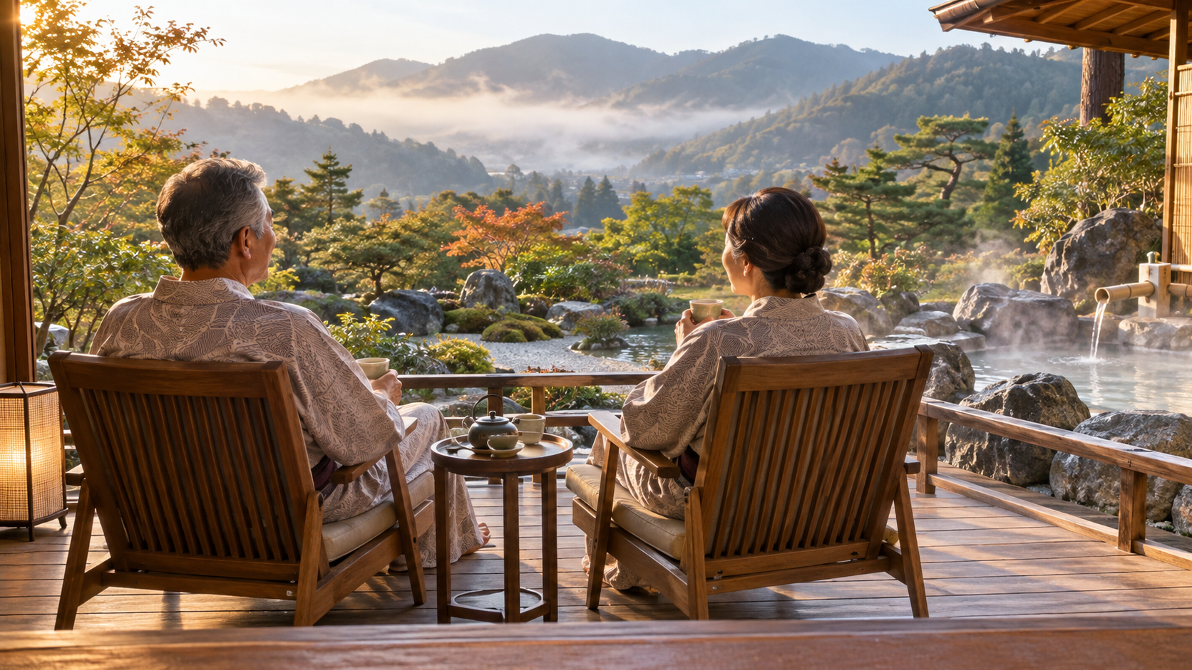 夫婦が庭を眺めてくつろぐ温泉旅行のイメージ