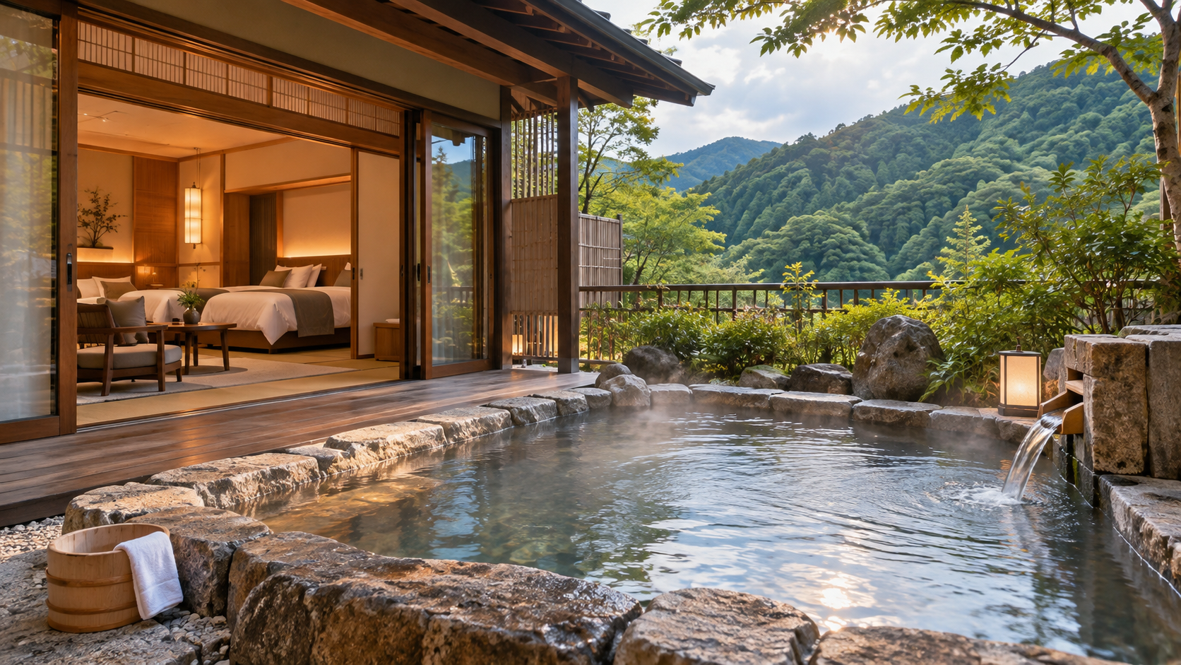 露天風呂とツインベッドのある旅館客室のイメージ