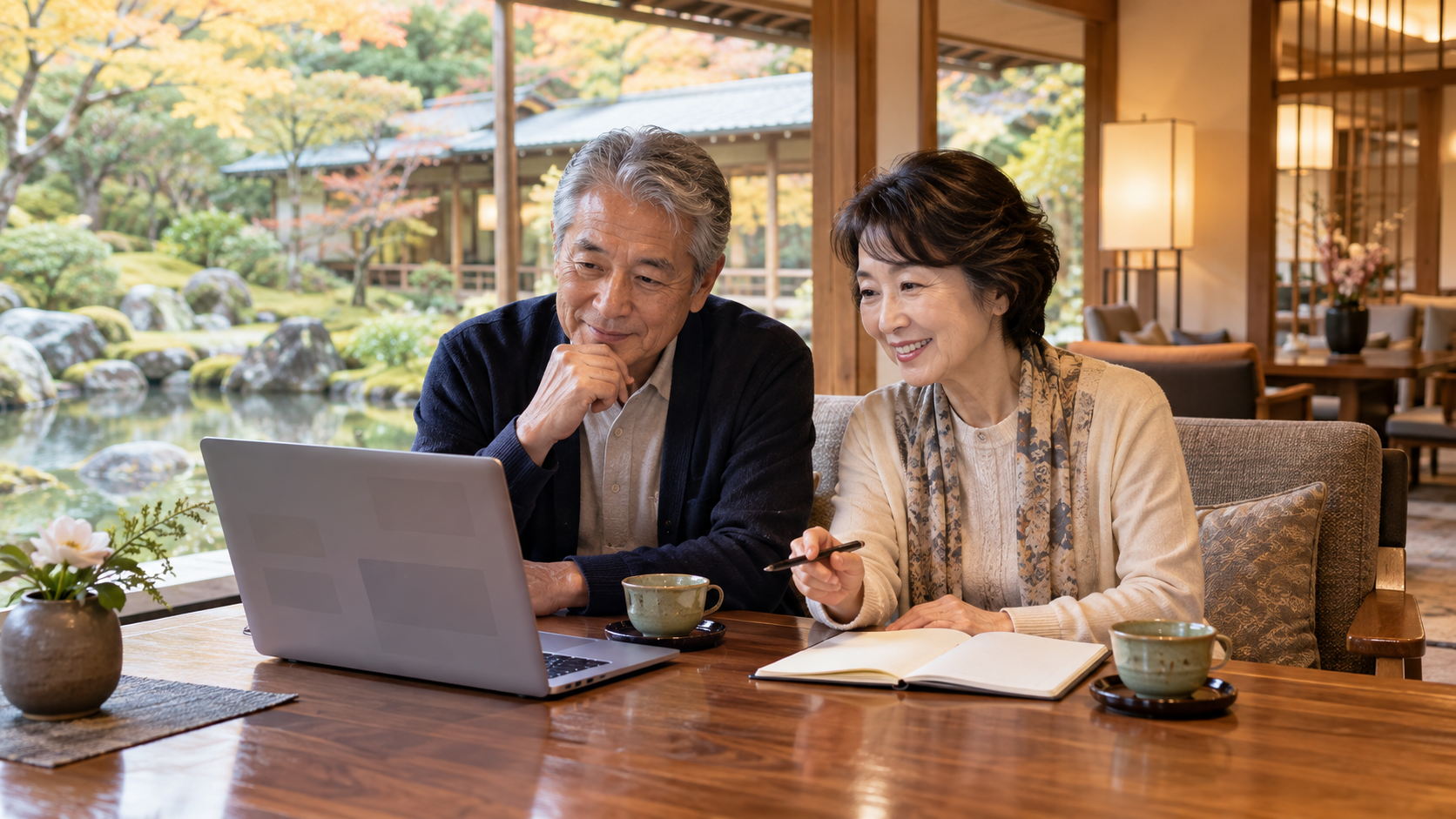 旅館で宿泊予約を相談する60代夫婦のイメージ